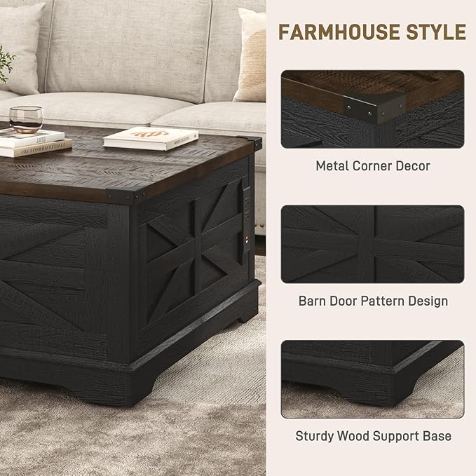 36" Farmhouse Movable Lift Top Coffee Table with Storage and Power Outlets, Square Wood Living Room Tables with Wheels&Large Hidden Space, Lift Wooden Barn Door Center Table, Black