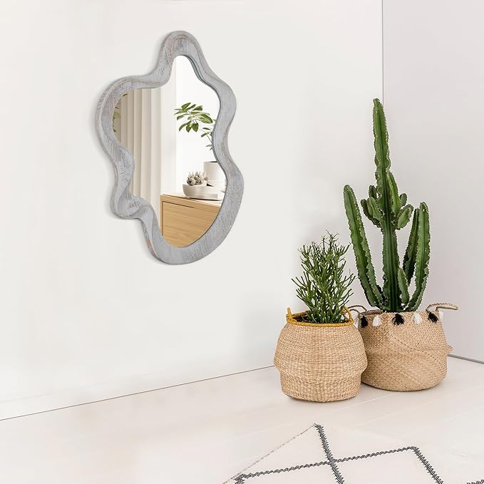 Irregular Wooden Framed Wall Mirror Modern Asymmetrical Unique Hanging Mirror Artistic Unique Cloud Wavy Shape Wall Decor Bathroom Vanity Bedroom Living Room Entryway Hallway Large