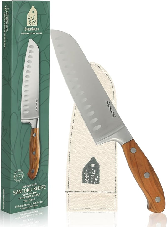 Bloomhouse 7 Inch German Steel Santoku Knife W/Italian Olive Wood Forged Handle