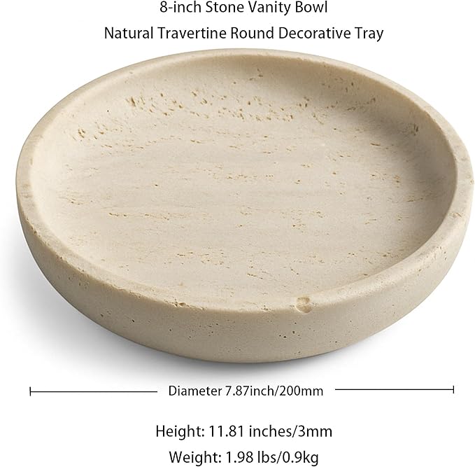 Natural Travertine Round Decorative Tray - 8-inch Beige Stone Vanity Bowl, Anti-Slip Organizer Plate for Bathroom, Kitchen, Home Décor, Candles, Jewelry Display, 3/4-inch Height