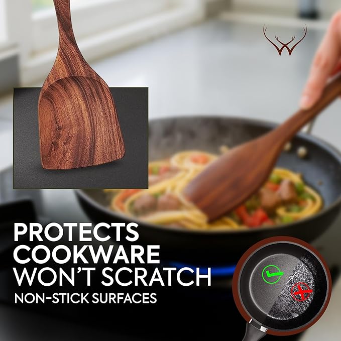 7 Pcs Teak Wooden Kitchen Utensils – Handcrafted Wooden Cooking Utensils Set with Holder, Elegant Wooden Spoons for Cooking & Timeless Utensil Set for Daily Use - Teak Utensils Set for Cooking