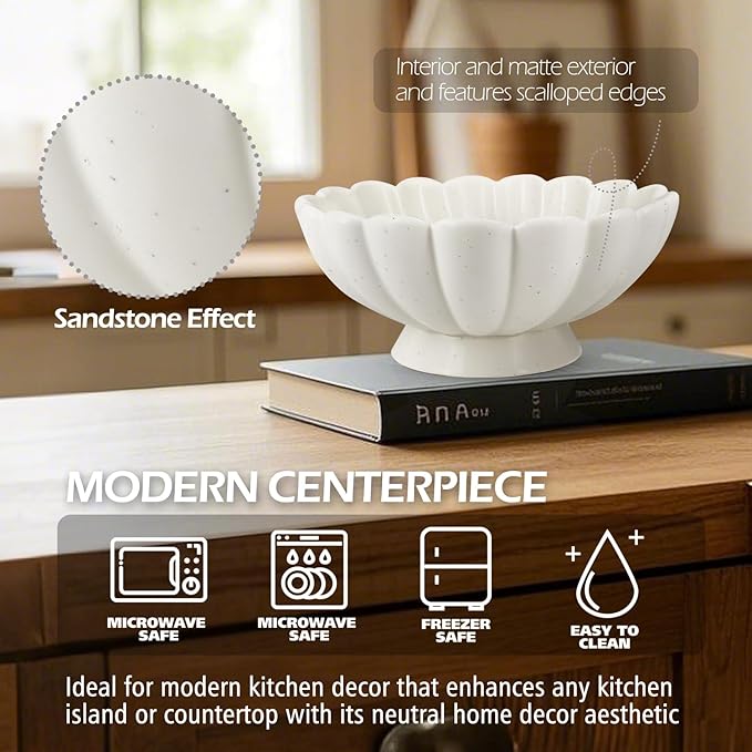 Accessoryway 8" White Fluted Scalloped Decorative Bowls -Moderate Ceramic Fruit Bowl for Kitchen Counter, Elegant Wavy Edge Centerpiece Bowls for Home Decor, Perfect for Housewarming &Wedding Gift