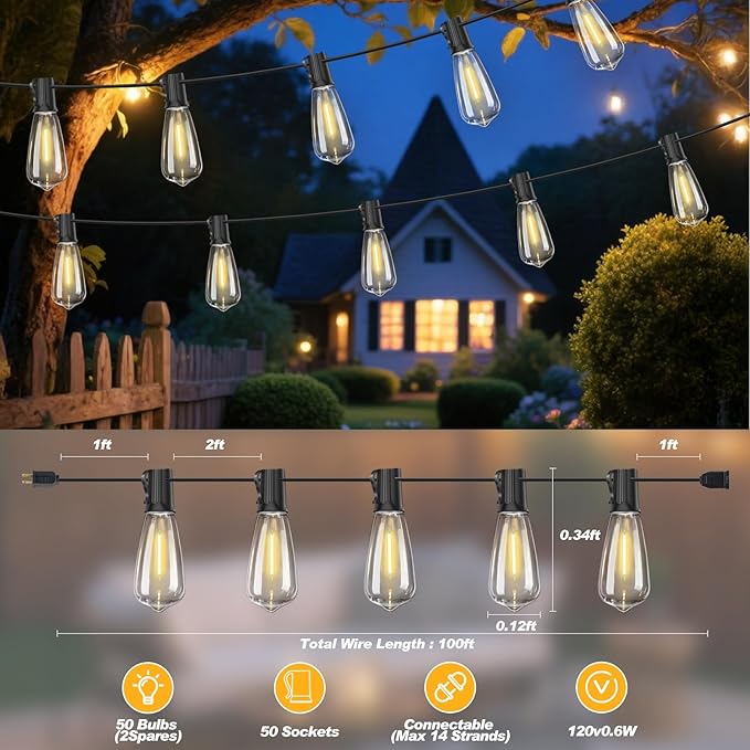 100 FT Commercial Grade Outdoor String Lights with 52 Shatterproof Waterproof LED Edison Bulbs Hanging Lights for Wedding Party Cafe