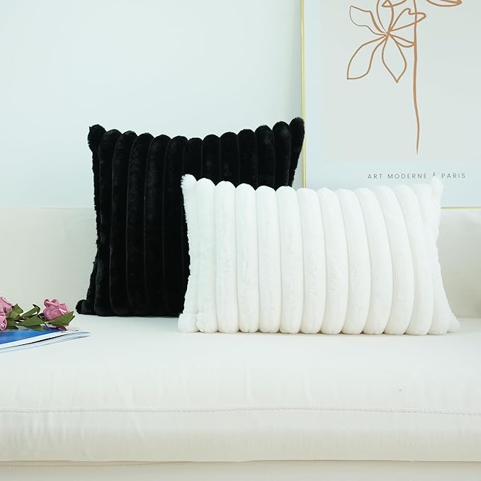 JOJUSIS Pack of 2 Faux Fur Plush Decorative Throw Pillow Covers Couch Cushion Case Soft Pillowcases (Black, 20 x 20-Inch)