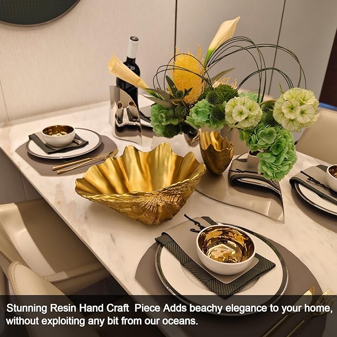 Large Gold Scalloped Clam Shell Bowl Sea Shell Decor for Nautical Beach House,Coastal Decor Gift of Housewarming and Wedding Party