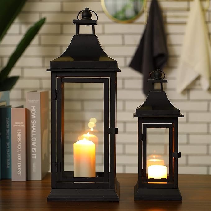 JHY DESIGN Set of 2 13''&19.5''Tall Outdoor Candle Lanterns Vintage Hanging Tower Lantern Metal Candle Holder for Garden Living Room Indoor Outdoor Parties Weddings Balcony(Black)