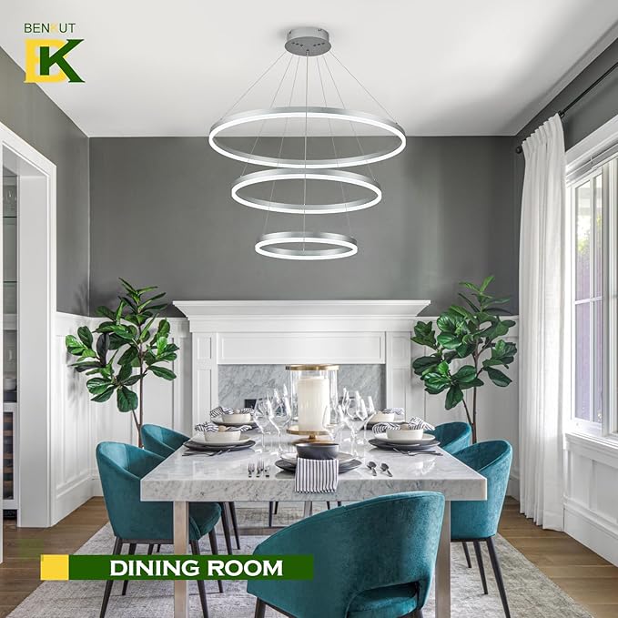 D31.5 3 Rings Modern LED Chandelier Silver Dimmable LED Pendant Light with Remote Control Circular Flush Mount High Ceiling Light for Dining Room Living Room Bedroom Foyer(3000K-6500K, H71)