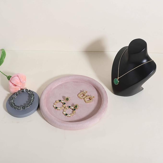 GemeShou Round Jewelry Organizer plate, Top Microfiber velvet Jewerly display tray, Empty Jewelry showcase tray for Necklace Bracelet Ring Earring display stand holder (Pink-Medium, 7.9 x 7.9 in)