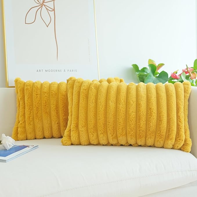 JOJUSIS Pack of 2 Faux Fur Plush Decorative Throw Pillow Covers Couch Cushion Case Soft Pillowcases (Mustard Yellow, 12 x 20-Inch)