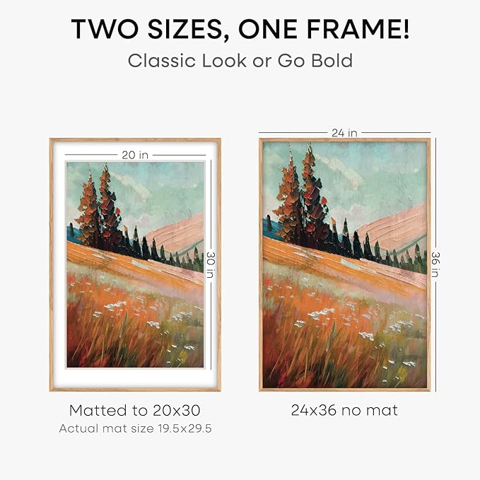 Homeforia 24x36 Poster Frame Wood, High End Natural Oak 24 x 36 Large Picture Frame with Mat 20 by 30, 24x36 Light Wooden Frames Matted to 20x30 Photo, 36x24 Frames, Tempered Glass, Wall Kit, Set of 1