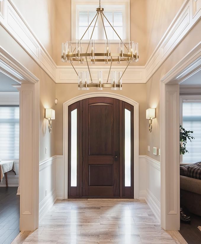 48" Gold Chandelier, 2 Tier Wagon Wheel Chandelier with Glass Shade, 24-Lights Large Round Modern Farmhouse High Ceilings Pendant Lighting Fixture for Dining Room, Living Room, Kitchen, Foyer