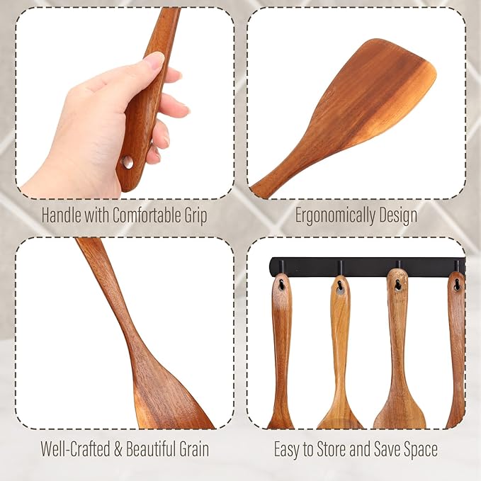 ANBUY Wooden Kitchen Utensil Set, 10 Pcs Wooden Spoons for Cooking, Non Toxic Teak Wood Utensils Set for Serving, Mixing and Frying, BPA Free Wood Spatula, Turner, Ladle, Tongs and Whisk