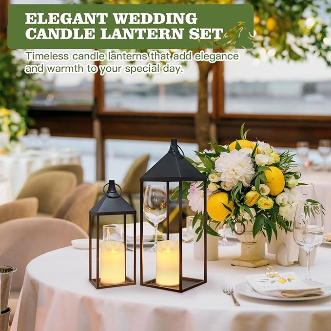 17" 13" Modern Farmhouse Candle Lantern Decor Set of 2 Black Metal Candle Lanterns with Flameless Candles, Lanterns Decorative Indoor for Fireplace Mantle Table Outdoor Lanterns for Patio Porch Garden