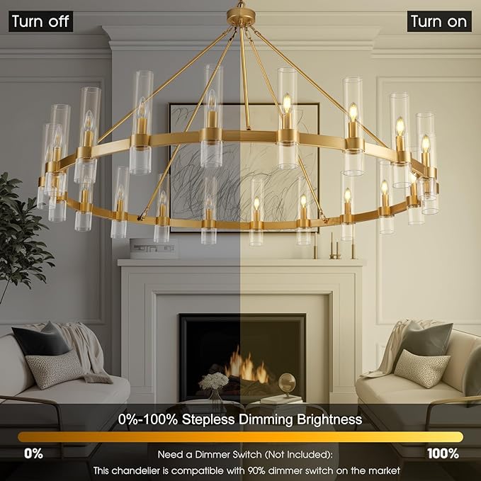 Gold Wagon Wheel Chandelier, 60 Inch Glass Chandeliers, 20 Light Chandelier for High Ceiling, Modern Farmhouse Chandeliers for Living Room, Dining Room, Entryway, Stairwell(Bulbs Included)