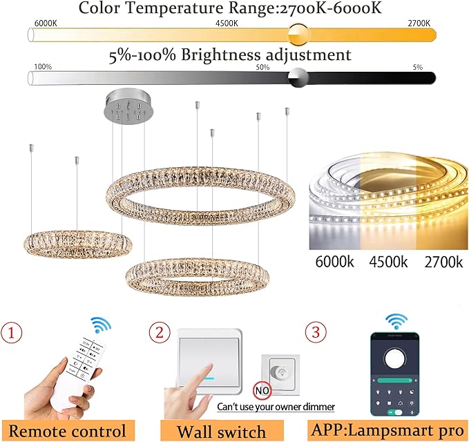 32"+24"+16" 3 Rings Crystal Chandeliers Lighting and Hanging Ring Adjustable, Stainless Steel Ceiling Light