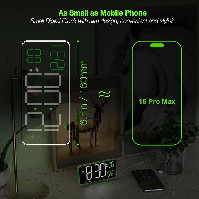 KOSUMOSU Small Digital Clock, 6.7in Alarm Clocks for Bedrooms, Auto Dimming, Room Temperature, Day of The Week, Seconds, Date, Desk Clock for Bedroom, Digital Clocks for Living Room