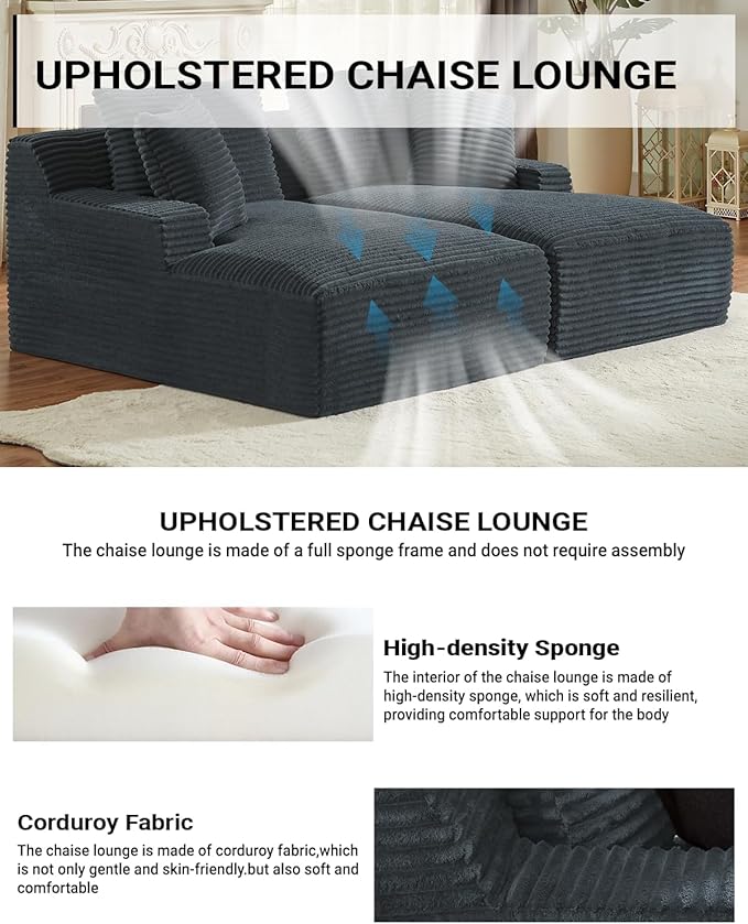 Oversized Double Chaise Lounge, Corduroy Boneless Couch, Modern Oversized Chaise Lounge, Upholstered Sleeper Sectional Sofa Daybed with Throw Pillows and Armrest for Living Room, Dark Grey