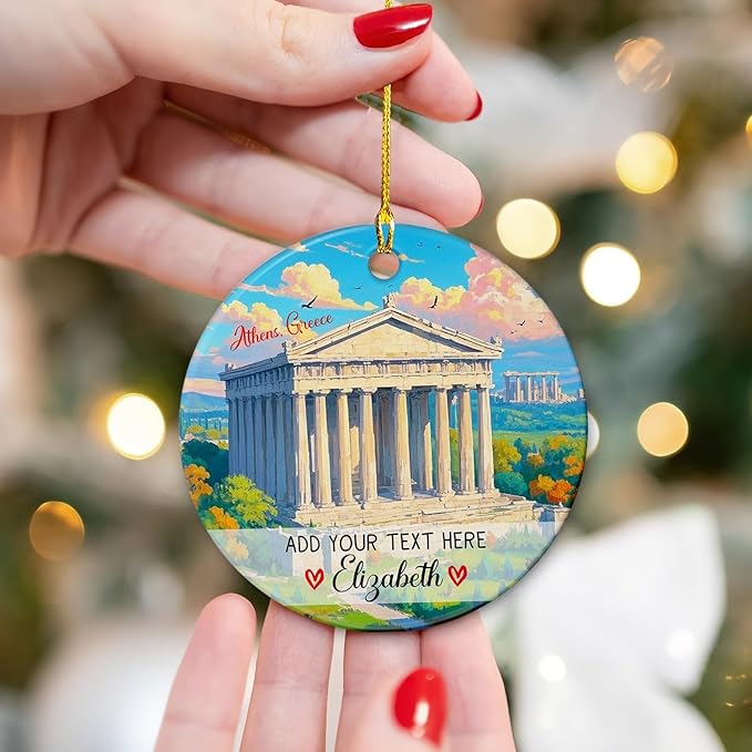 Personalized Athens. Greece Ceramic Christmas Tree Ornament 2025, Parthenon Temple On The Acropolis Xmas Ornaments, Custom Text/Name Greece Travel Souvenir Christmas Ornament Gifts for Family Friends