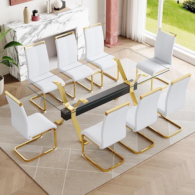 9 Piece Glass Dining Table Set, Kitchen Table Chairs Set for 8, 71'' Dining Table with 0.4" Tempered Glass Tabletop with Plated Metal Legs and MDF Crossbar, 8 PU Chairs for Dining Room, Kitchen.