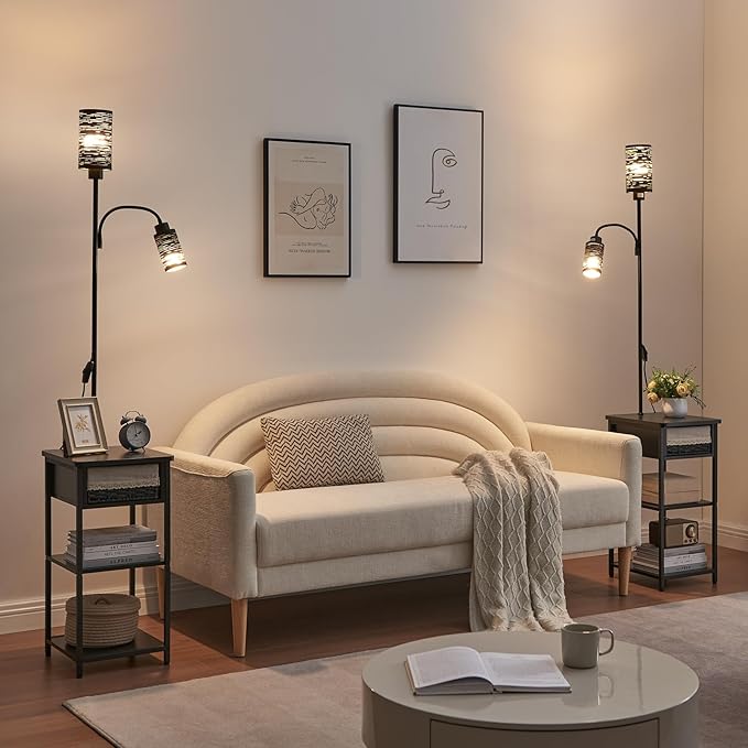 Floor Lamp with End Table, Side Table with Lamp Attached, Bedside Nightstand Light for Small Spaces with Wicker Drawer and Storage Shelf for Living Room, Bedroom, Guest Room, 2 Bulbs Included