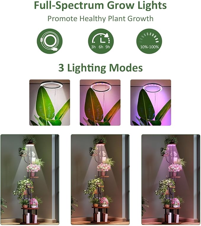 64" Tall Indoor Plant Stand with Grow Light, 9 Tier Metal Rotating Plant Shelf, Adjustable Tree-Shaped Plant Display Rack for Living Room, Bedroom, Office, Balcony