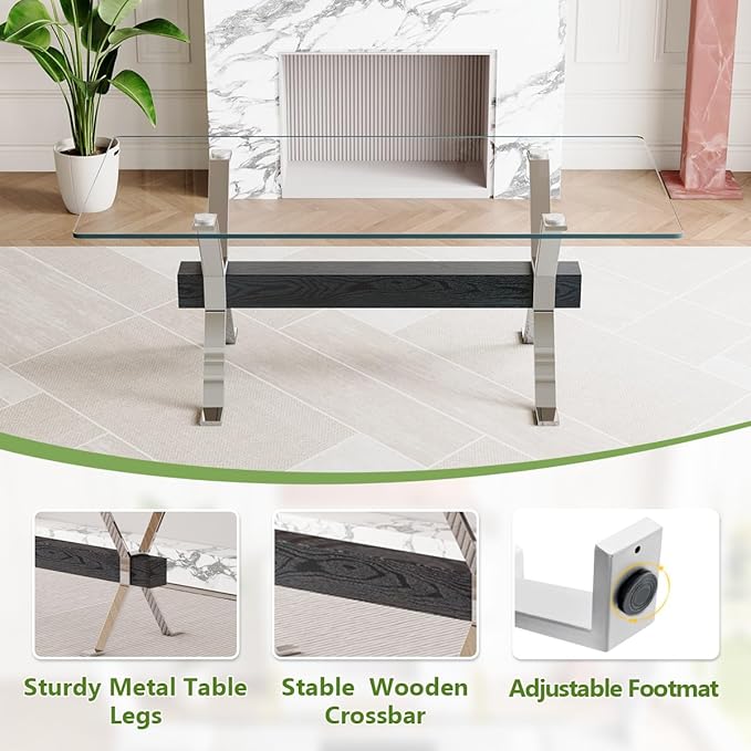 7 Piece Glass Dining Table Set, Kitchen Table Chairs Set for 6, 71'' Dining Table with 0.4" Tempered Glass Tabletop with Plated Metal Legs and MDF Crossbar, 6 PU Chairs for Dining Room, Kitchen.