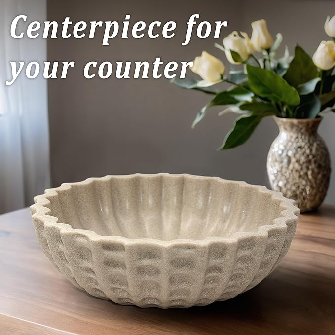 Modern Decorative Bowl, Sculptural Resin Display Bowl for Home Decor, Large Centerpiece for Kitchen Counter or Entry Table, Key Bowl or Fruit Bowl, Beige