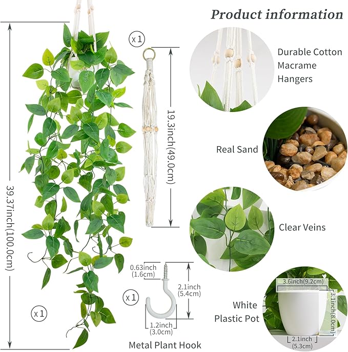LOYWREE 1 Pack Artificial Hanging Plant Kit with Pot and Hanger - 39" Long Fake Pothos Vines - Hanging Potted Faux Plant Indoor for Wall Ceiling Bedroom Bathroom Living Room Home Decor (White Pot)