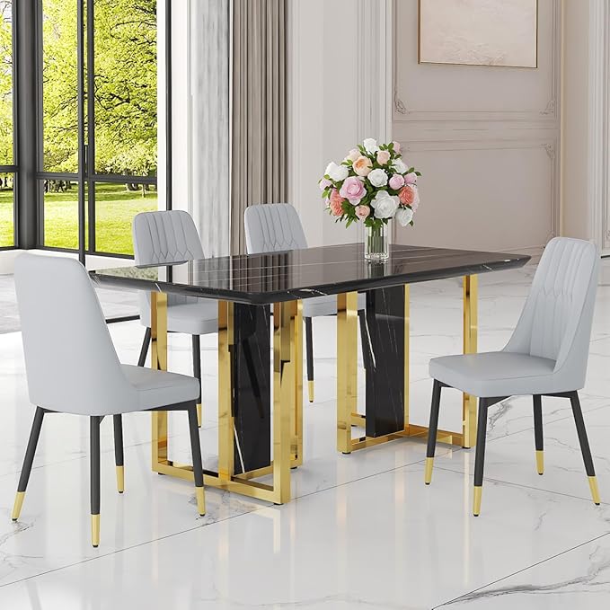 TesNus 63" Black Dining Table Set for 4 with Chairs,Modern Faux Marble Rectangular Kitchen Table and Chairs Set Luxury 5 Piece Dining Room Set with Gold Metal Legs,Easy Assemble,Stable Base