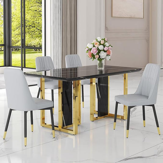 TesNus 63" Black Dining Table Set for 4 with Chairs,Modern Faux Marble Rectangular Kitchen Table and Chairs Set Luxury 5 Piece Dining Room Set with Gold Metal Legs,Easy Assemble,Stable Base