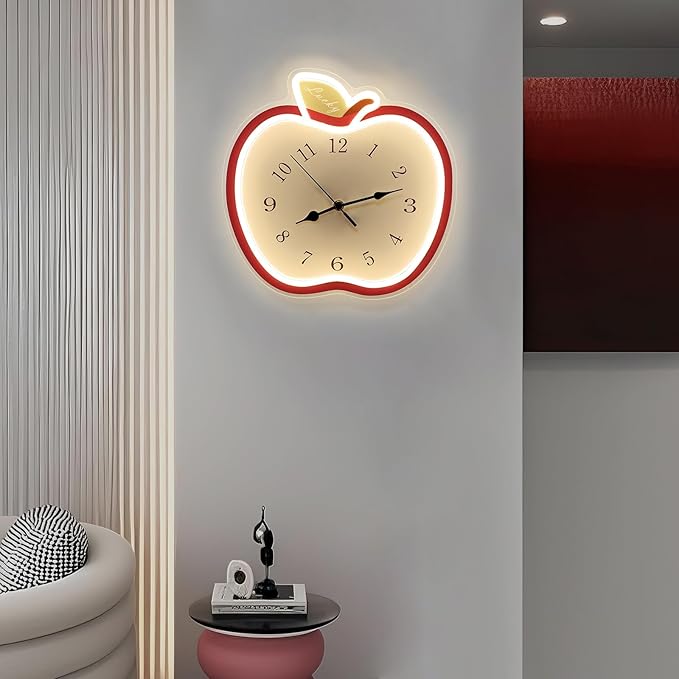 jXIN 12 Inch Apple Shaped Novelty Fun Shaped Wall Clock, 2-in-1 LED Silent Clock and Warm White Night Light, Creative Decorative Clock for Cozy Atmosphere Children's Room