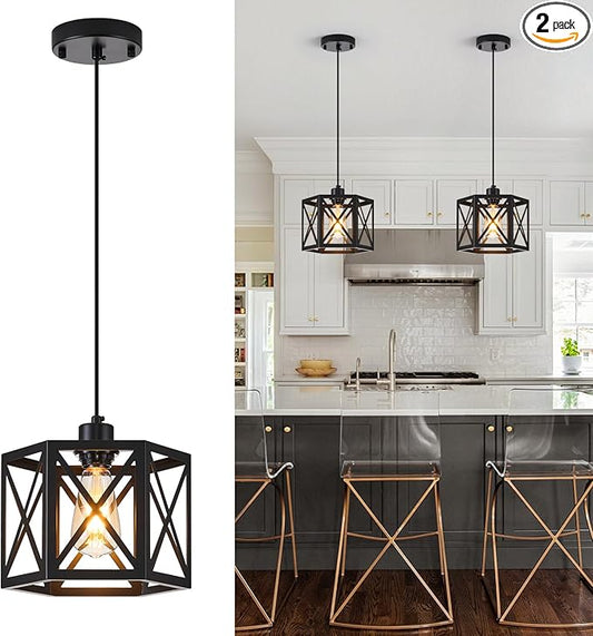 2 Pack Farmhouse Pendant Lights, Modern Black Hanging Light Fixture with Hexagonal Cage, Industrial Metal Ceiling Lights, Adjustable Lantern Pendant Lighting for Kitchen Island Sink Hallway