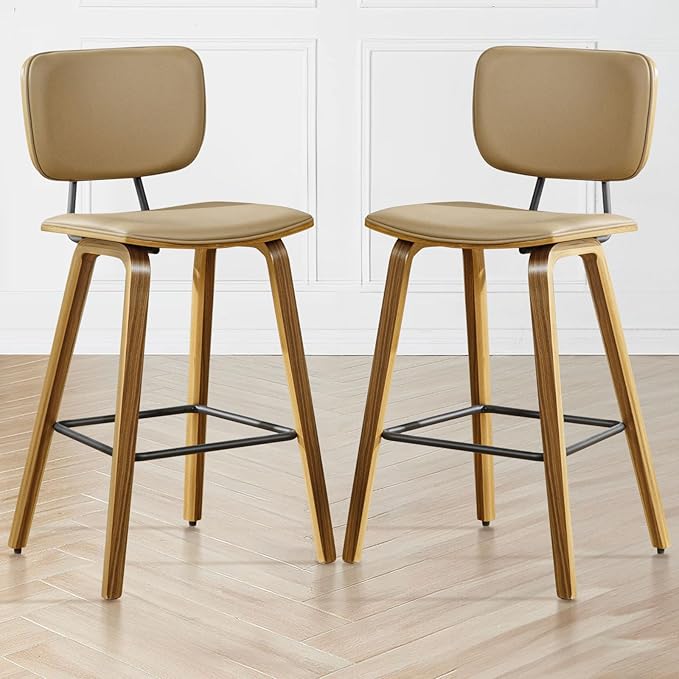 Counter Height Bar Stools Set of 2, PU Leather Upholstered Barstools with Backs, Bent Wood Legs, 26 Inch Seat Height, Mid Century Modern Counter Stools for Kitchen Island, Brown
