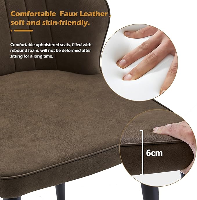 CLIPOP Faux Leather Dining Chairs Set of 2, Mid Century Modern Kitchen Chair, Upholstered Seat Leisure Side Chair with Backrests, Metal Legs for Living Room, Lounge, Guest Room, Brown