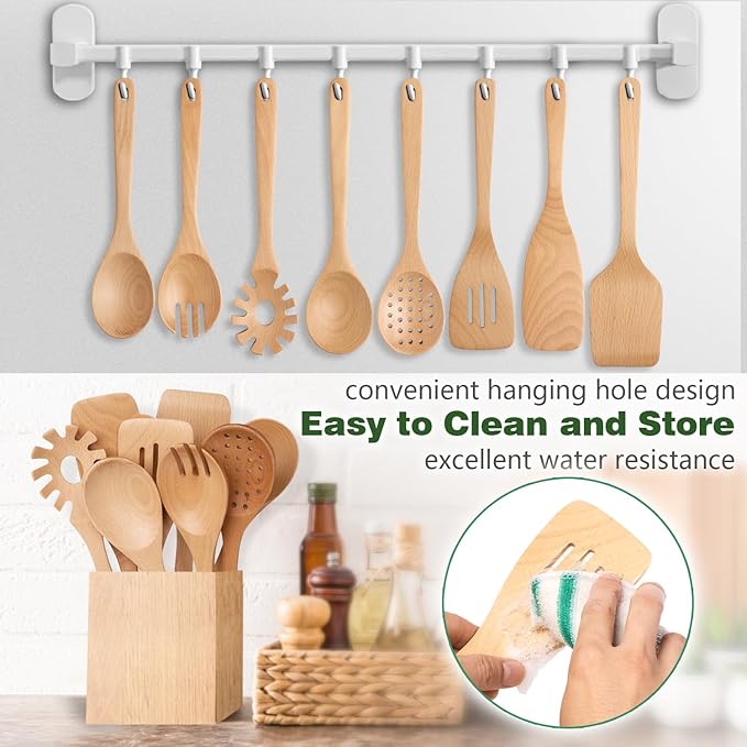 Kitchen 8-Piece Beech Wood Kitchen Utensil Set – Wooden Cooking Spoons with Spatula, Skimmer, Pasta Scoop & Turner, Durable Wooden Cooking Tools Safe for Nonstick Cookware by Howhong