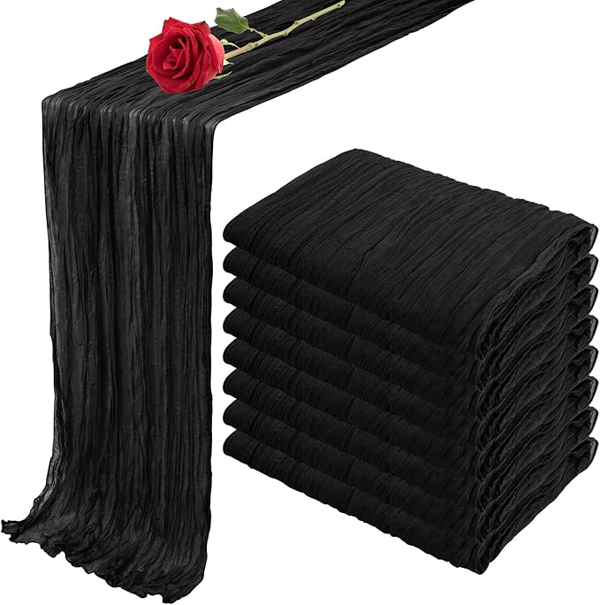 8 Pack 10Ft Black Cheesecloth Table Runner 35x120 Inches Boho Gauze Rustic Cheese Cloth Table Runners, Lightweight Sheer Soft Table Runner for Wedding Bridal Shower Holiday Party Table Decor