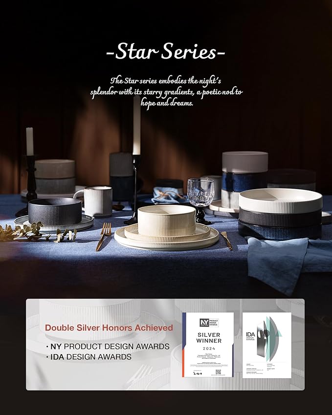 Famiware Star Plates and Bowls Sets, Modern Stoneware Dinnerware Sets for 8, 24-Piece Kitchen Dish Set - Microwave and Dishwasher Safe, Chip and Scratch Resistant, Nebulas Blue