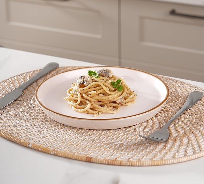 Famiware Saturn Dinnerware Sets, Plates and Bowls Sets for 4, 12 Pieces Stoneware Dish Set - Chip and Scratch Resistant, Microwave and Dishwasher Safe Tableware Set, Light Pink with Rim