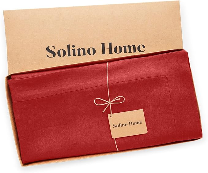 Solino Home Red Linen Tablecloth 60 x 90 Inch - 100% Pure Linen Table Cloth for Rectangle Tables - Fete, Machine Washable Tablecloth for Christmas, Holiday