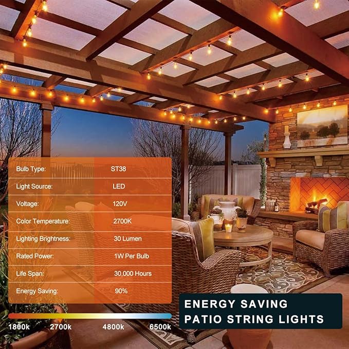 Kawaya Outdoor Patio String Lights: 25 FT LED Outside Patio Light with 12 Shatterproof Vintage Bulbs - 2700K Dimmable IP65 Waterproof Edison Outdoor Lighting for Porch Deck Bistro Cafe Party