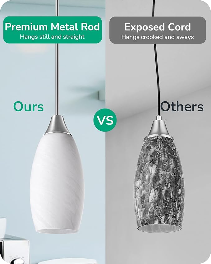 EDISHINE Pendant Light Fixture, Handcrafted Art Glass Hanging Light, Hardwired Ceiling Light, White Marble Glass Shade, Adjustable Brushed Nickel Rods, E26 Base, Pendant Lamp for Kitchen Bathroom Bar