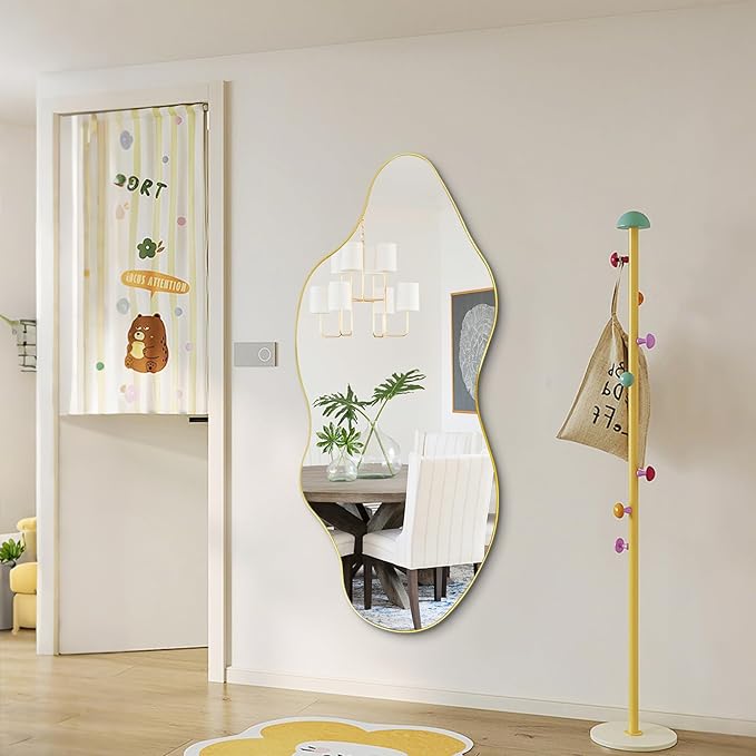 Large Irregular Mirror, Asymmetrical Wall Mirror, 52"x25.5" Gold Abstract Mirrors Decorative, Modern Frameless Wavy Shaped Mirrors for Dressing Living Room Bathroom Bedroom Hallway Entryway