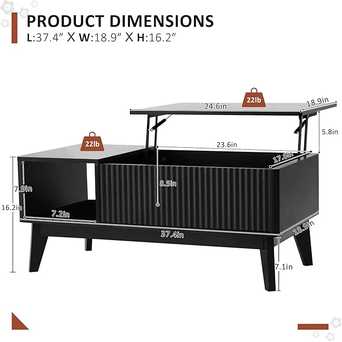 LYNCOHOME Fluted Coffee Table with Hidden Compartment, Wood Lift Top Coffee Tables, Modern Center Table for Living Room, Home Office, Black