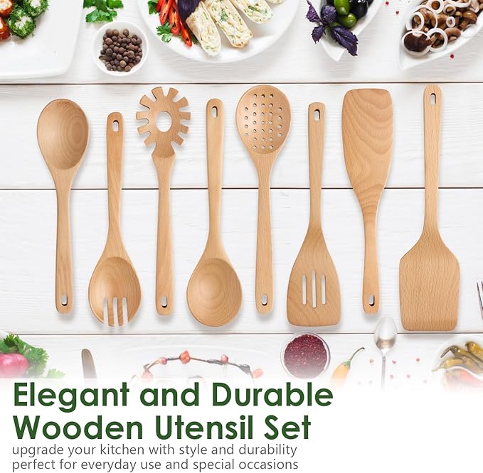 Kitchen 8-Piece Beech Wood Kitchen Utensil Set – Wooden Cooking Spoons with Spatula, Skimmer, Pasta Scoop & Turner, Durable Wooden Cooking Tools Safe for Nonstick Cookware by Howhong