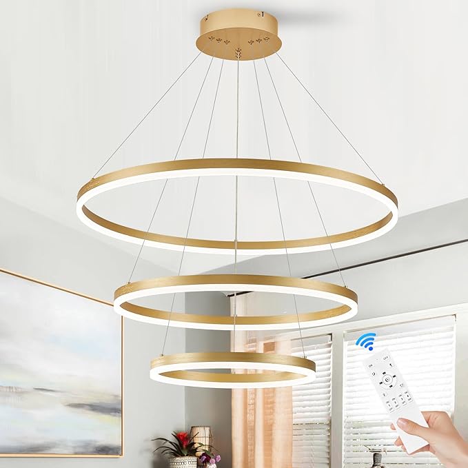 D31.5 Modern LED Chandelier Gold Dimmable 3 Ring Pendant Light for Dining Room, Kitchen Chandelier Circular with Remote Control Flush Mount High Ceiling Light for Living Room, 3000K-6500K