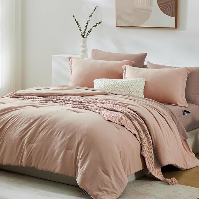 WRENSONGE Queen Comforter Set - 7 Pieces Clay Pink Soft Bed in a Bag Queen with Fitted Sheet, Flat Sheet, 2 Pillow Shams, and 2 Pillowcases- Warm Bedding Sets for All Season