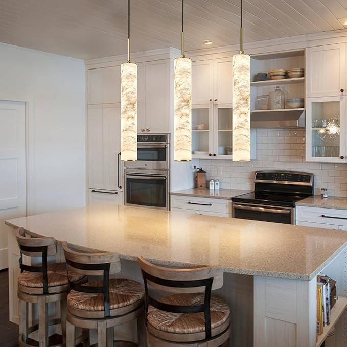 LMQNINE Natural Alabaster Pendant Lights for Kitchen Island White Marble Long Tube Chandelier Modern Gold Ceiling Light Fixtures for Bedroom Dining Room Table Living Room Hallway(M-3Pack)