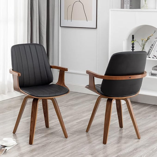 Swivel Dining Chairs, Set of 2 Kitchen Swivel Chairs with Walnut Craftsmanship, Upholstered Faux Leather, Wooden Arms and Legs, Walnut Dining Chairs for Kitchen/Living Room (Black, Swiv)