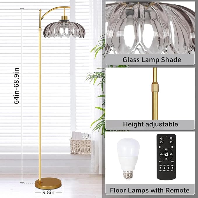 Floor Lamp for Living Room,Bedroom,Gold Dimmable Standing Lamp with Remote,Mid Century Modern Brass Tall Lamp Retro Vintage Grey Glass Lamp Floor Light Boho Bohemian