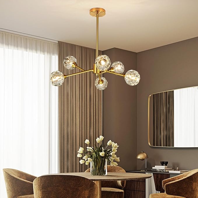 Sputnik Chandeliers for Dining Room Light Fixture Over Table, Modern Crystal Chandeliers, 6 Lights Gold Lighting Fixtures for Living Room Bedroom Kitchen Island